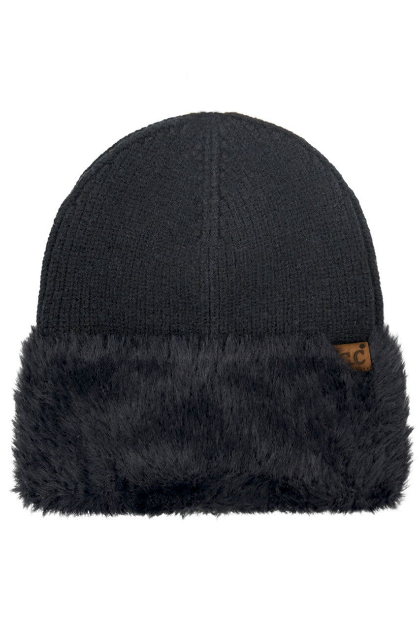 Black C.C Fur Cuff Beanie