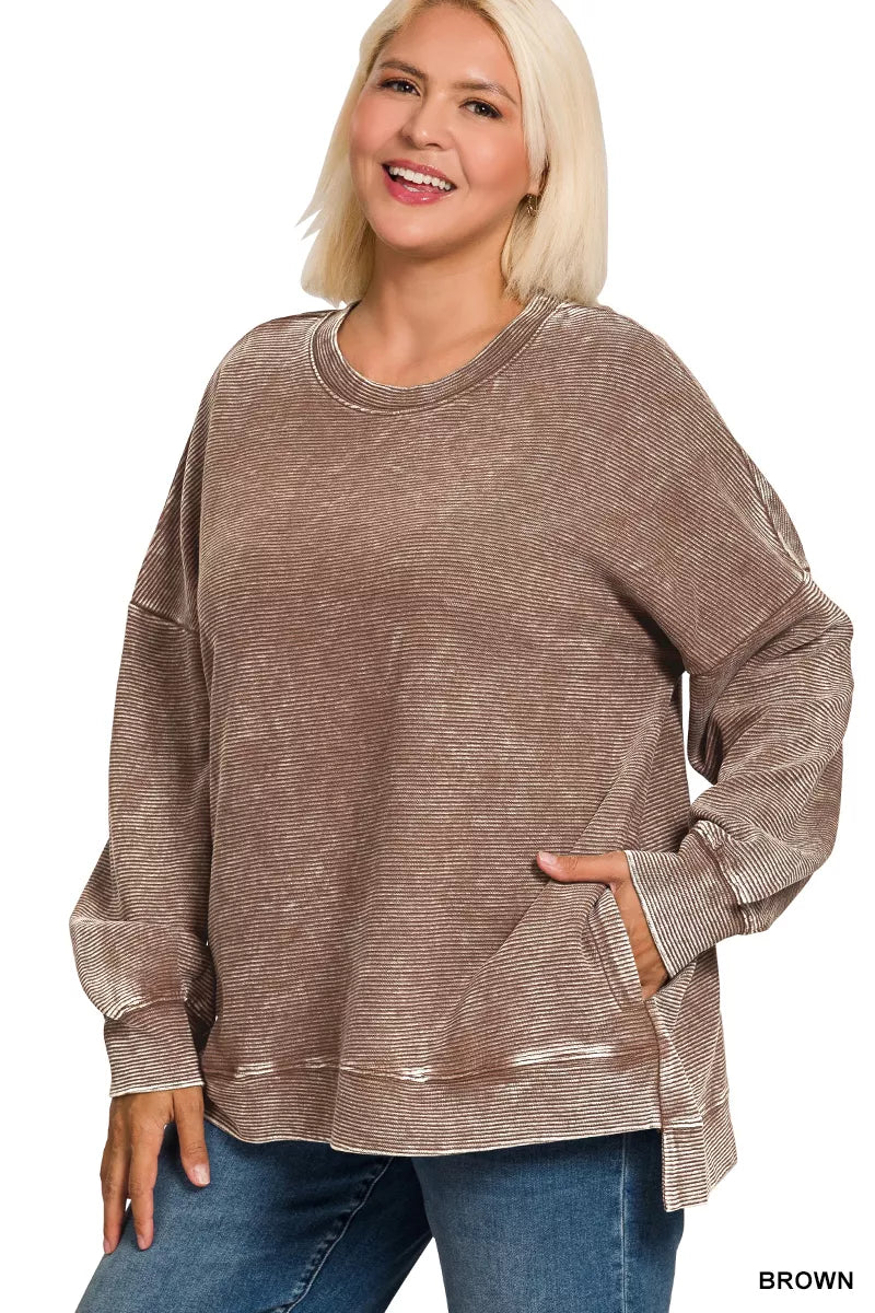 Zenana Full Size Acid Washed Double Ribbed Hi-low Sweatshirt Plus