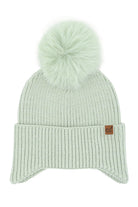 Sage C.C Earflap Pom Knit Solid Beanie