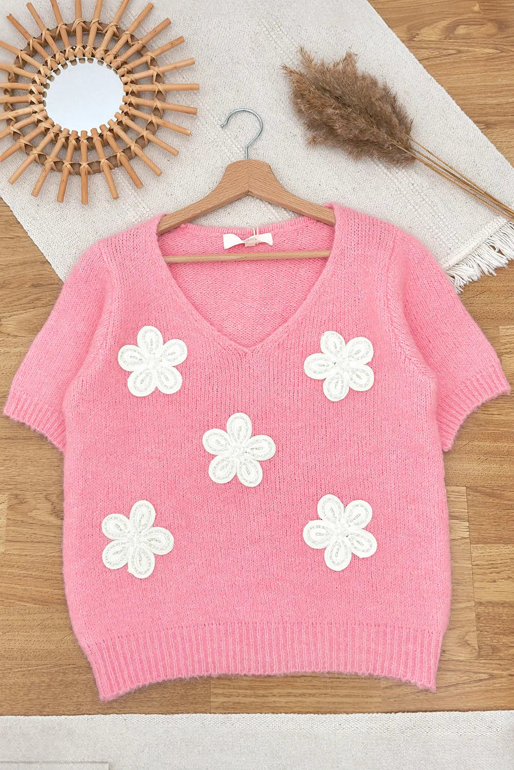 Flower V-Neck Short Sleeve Sweater - Charming Charlie