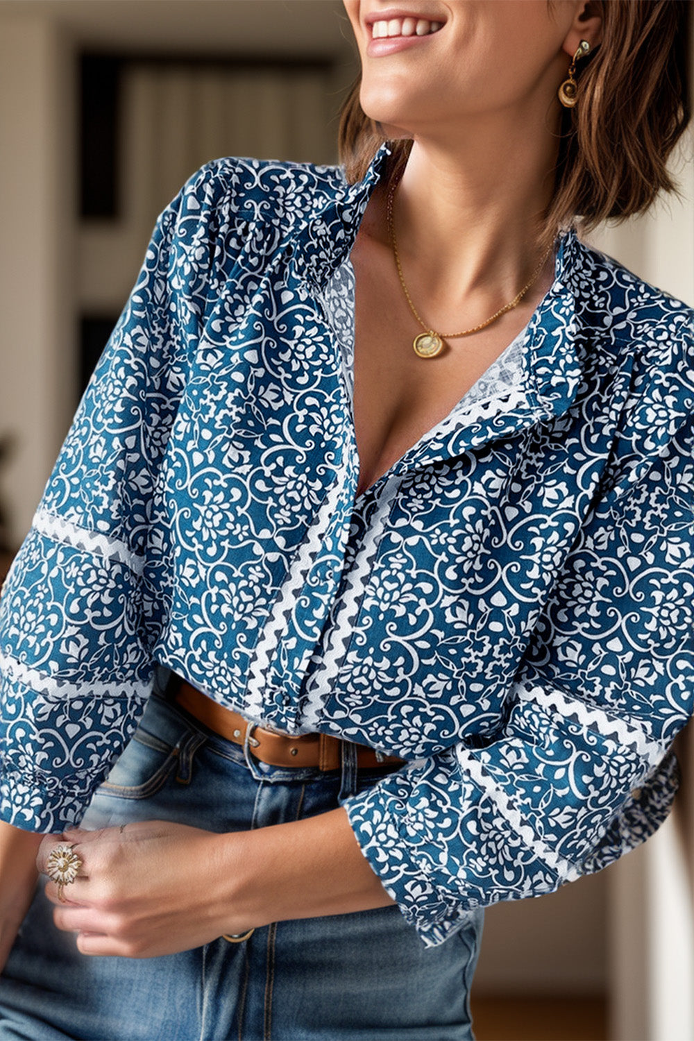 Printed Mock Neck Long Sleeve Blouse - Charming Charlie
