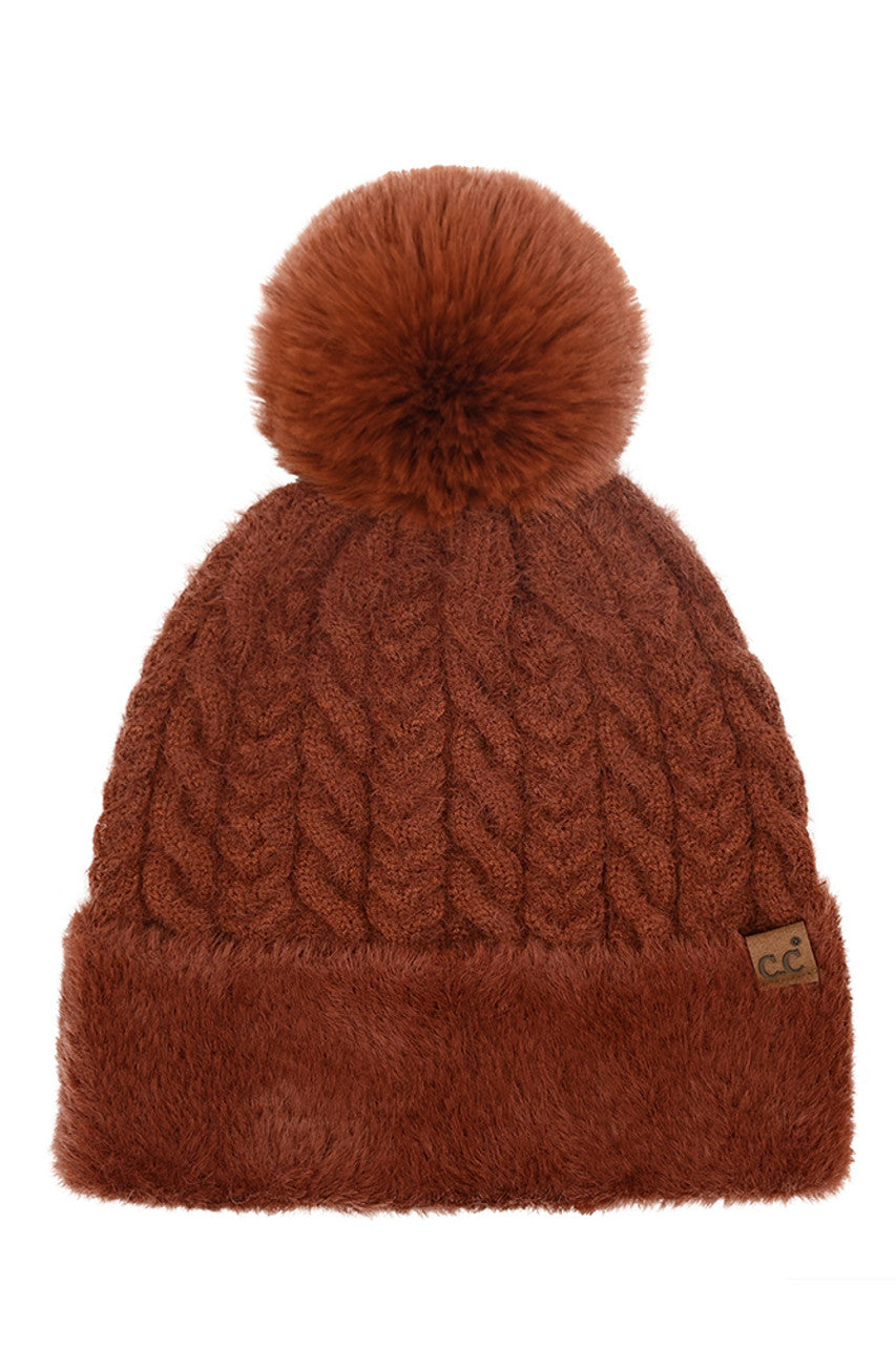 Brick C.C Cable Knit Fur Cuff Pom Beanie
