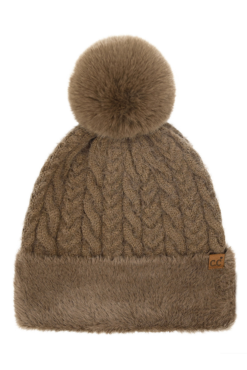Mocha C.C Cable Knit Fur Cuff Pom Beanie