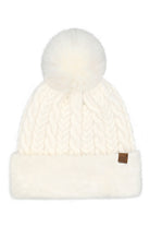 White C.C Cable Knit Fur Cuff Pom Beanie