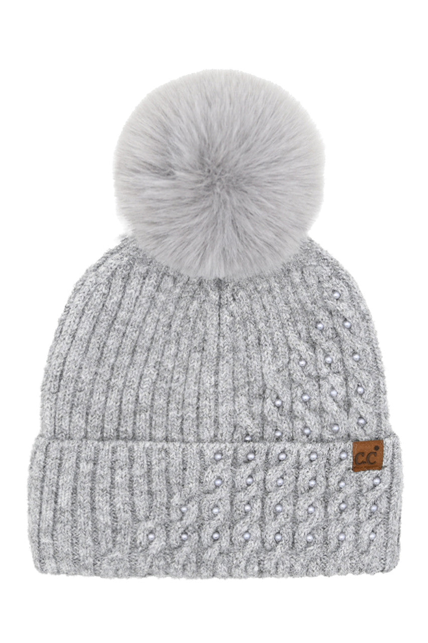 Gray C.C Cable Pom With Pearl Embellishments Beanie