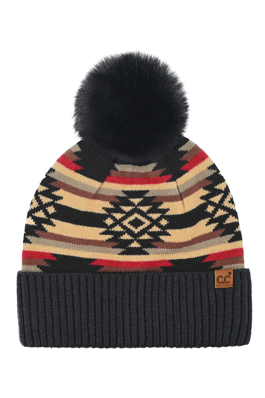 Black C.C Aztec Pattern Pom Cuff Beanie