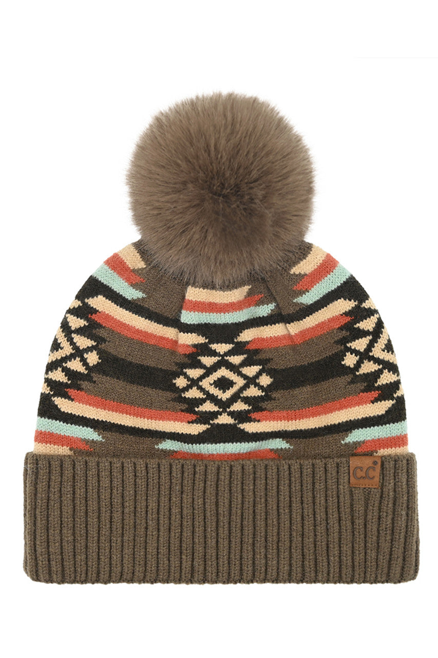 Brown C.C Aztec Pattern Pom Cuff Beanie