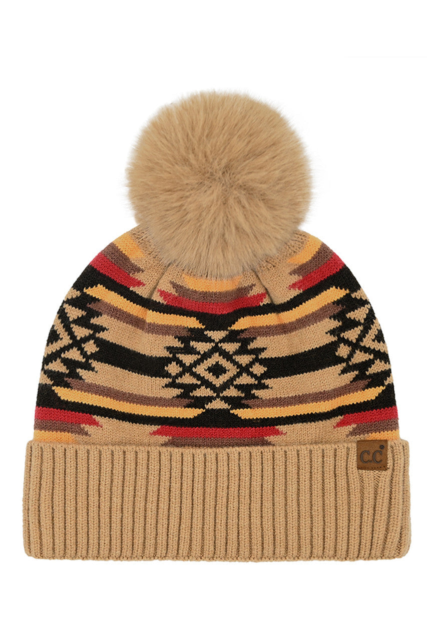 Dark Beige C.C Aztec Pattern Pom Cuff Beanie