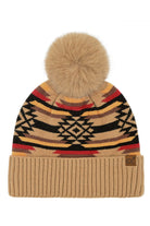 Dark Beige C.C Aztec Pattern Pom Cuff Beanie