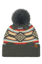 Gray C.C Aztec Pattern Pom Cuff Beanie