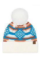 White C.C Aztec Pattern Pom Cuff Beanie