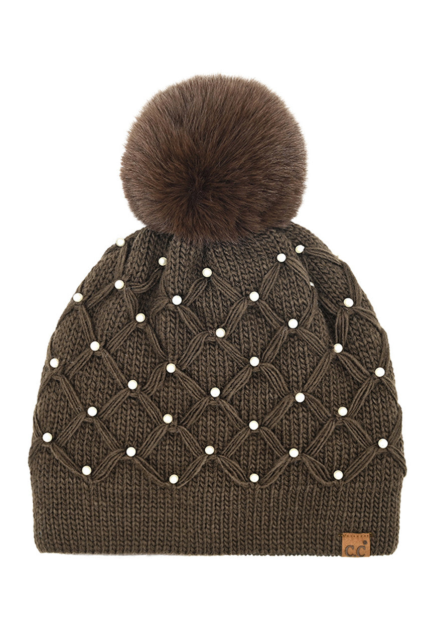 Brown C.C Allover Pearl Crochet Pom Beanie