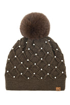 Brown C.C Allover Pearl Crochet Pom Beanie