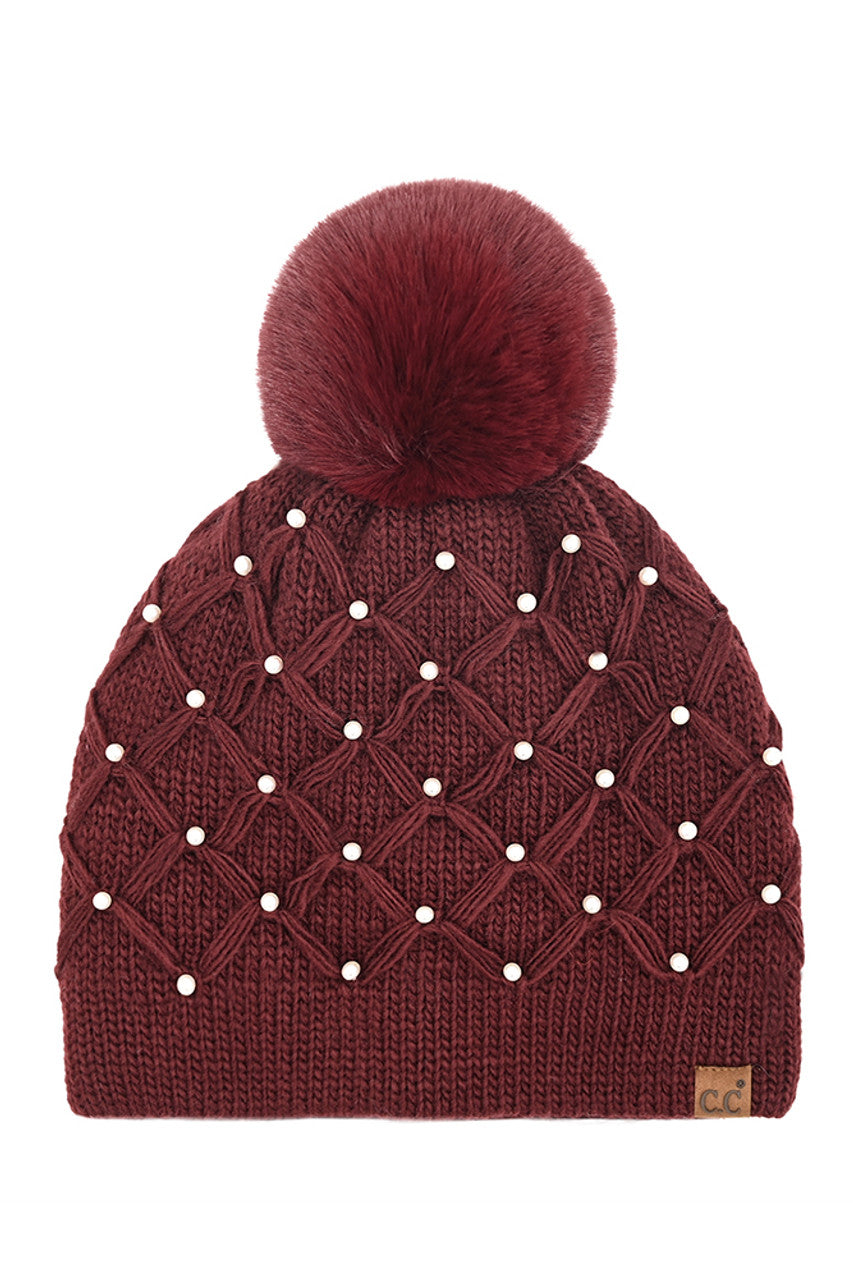 Burgundy C.C Allover Pearl Crochet Pom Beanie