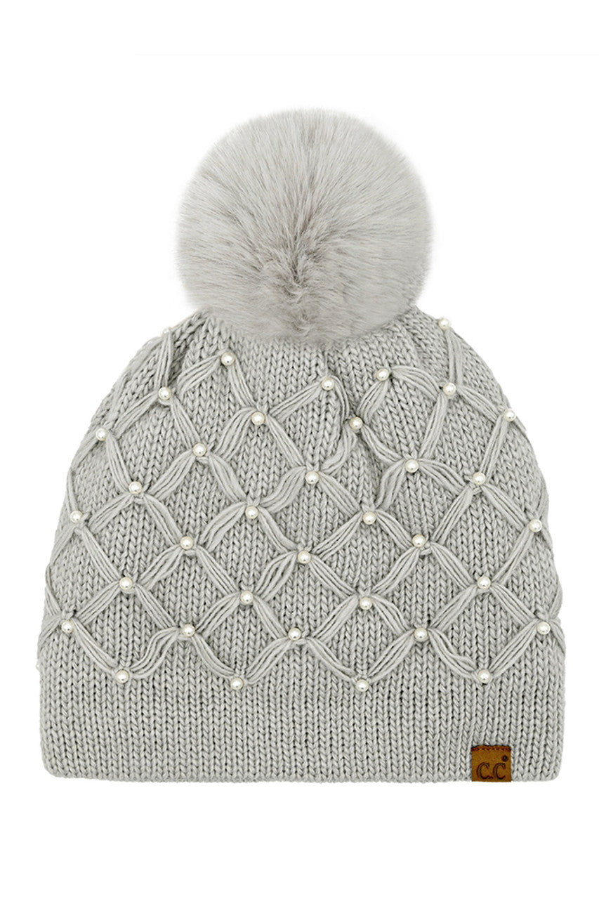 Light Gray C.C Allover Pearl Crochet Pom Beanie