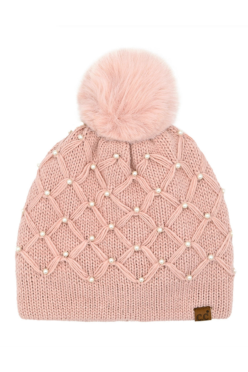 Rose C.C Allover Pearl Crochet Pom Beanie