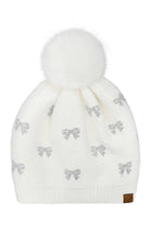 Ivory C.C Allover Rhinestone Mini Bow Pom Beanie