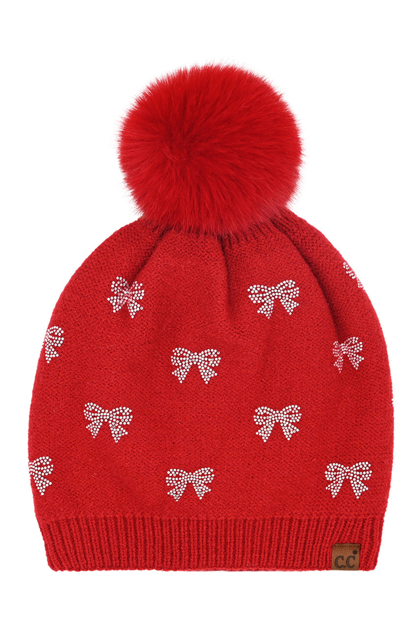 Red C.C Allover Rhinestone Mini Bow Pom Beanie