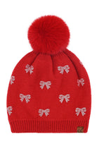 Red C.C Allover Rhinestone Mini Bow Pom Beanie