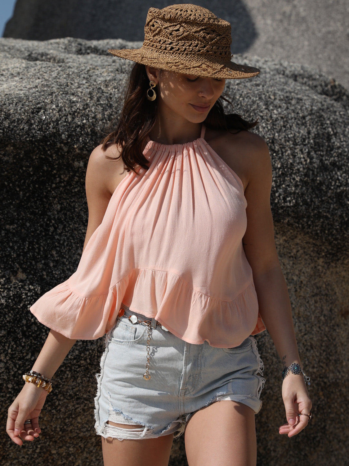 Ruched Peplum Round Neck Tank - Charming Charlie