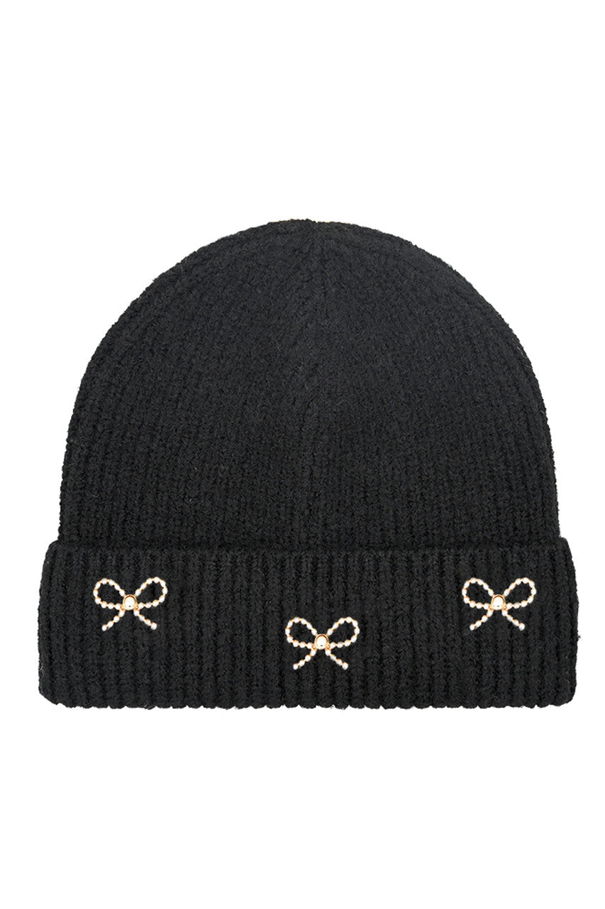Black C.C Pearl Bow Charm Cuff Beanie