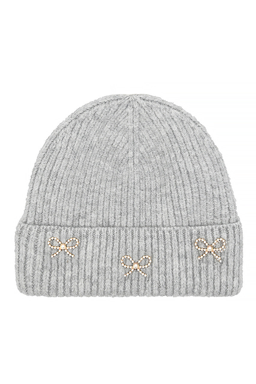 Light Gray C.C Pearl Bow Charm Cuff Beanie