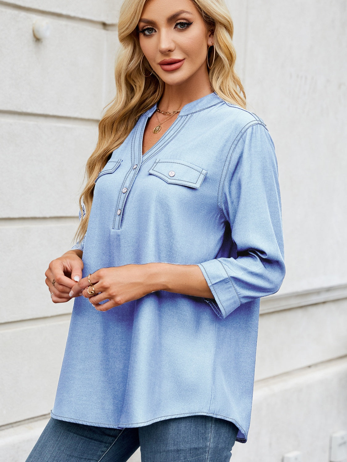 Notched Three-Quarter Sleeve Denim Top - Charming Charlie