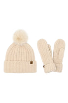 Beige C.C Cozy Yarn Beanie Winter Hat & Mitten Set