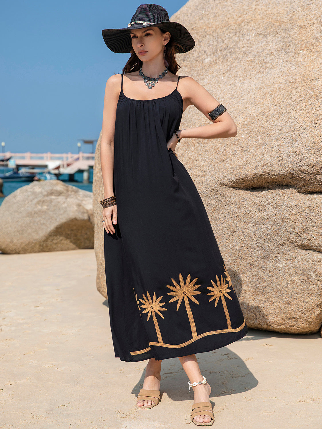 Embroidered Scoop Neck Midi Cami Dress Black / L Embroidered Scoop Neck Midi Cami Dress Black / L