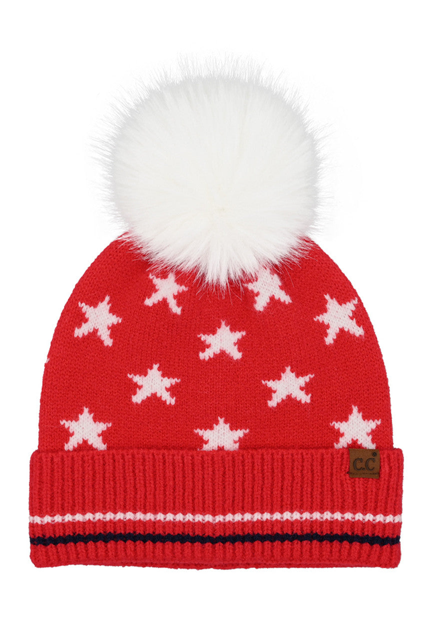 Red C.C All Over Star and Stripe American Flag Pom Beanie