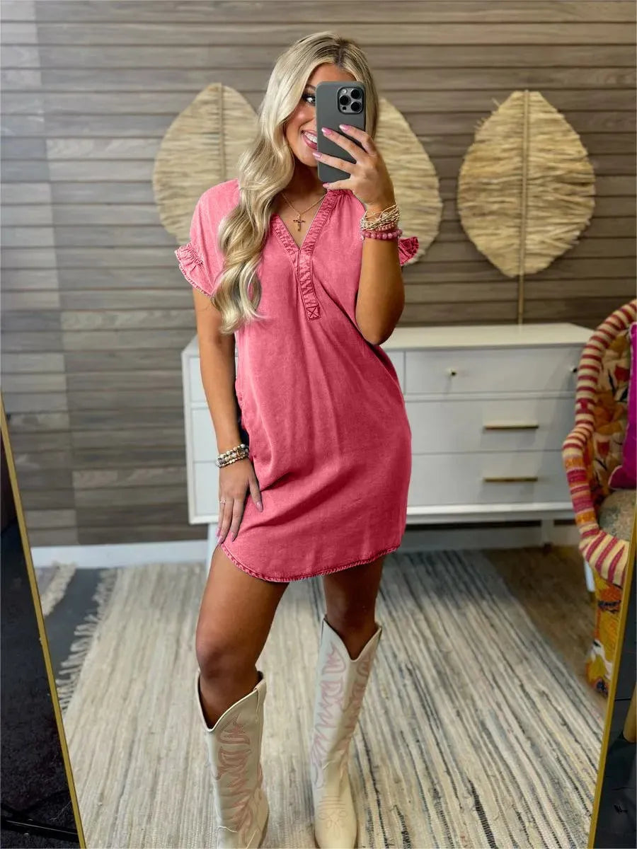 Full Size V-Neck Short Sleeve Denim Dress Plus Size  Charming Charlie