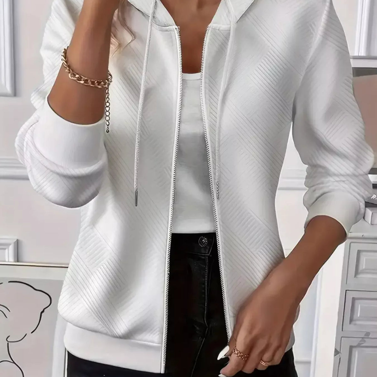 Texture Zip-Up Hoodie with Drawstring – Charming Charlie