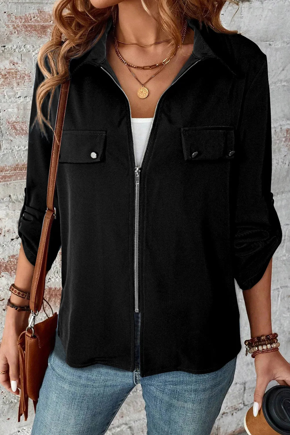 Pocketed Zip Up Collared Neck Long Sleeve Jacket - Charming Charlie