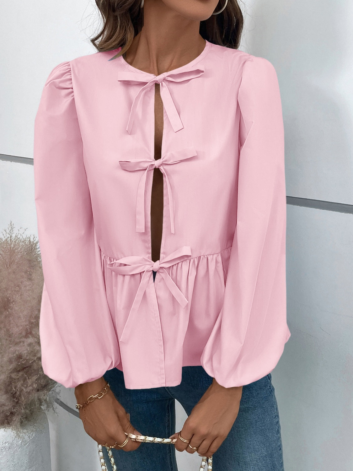 Peplum Tied Long Sleeve Blouse – Charming Charlie