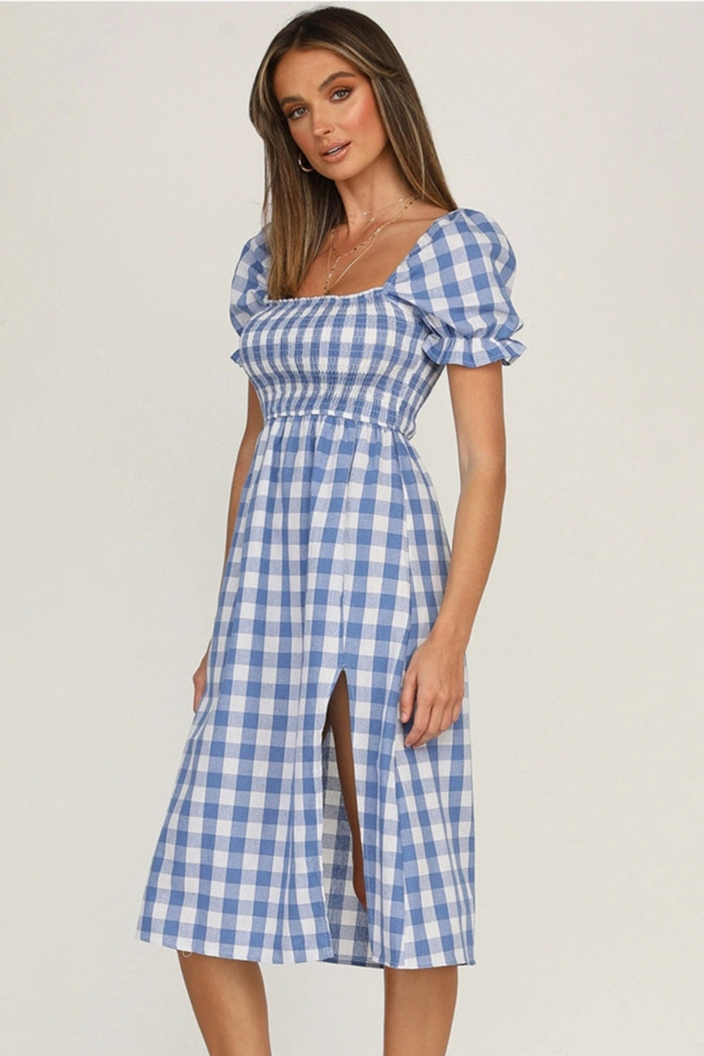 Wholesale MOQ6 Full Size Slit Plaid Short Sleeve Midi Dress Wholesale MOQ6 Full Size Slit Plaid Short Sleeve Midi Dress