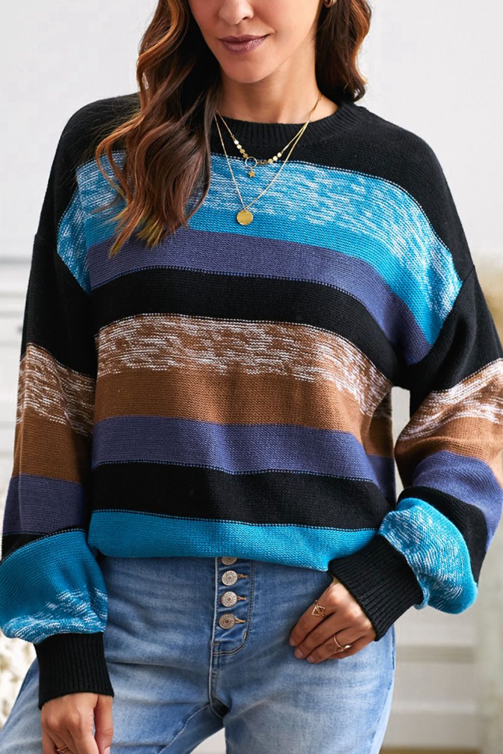 Contrast Striped Round Neck Drop Shoulder Sweater - Charming Charlie