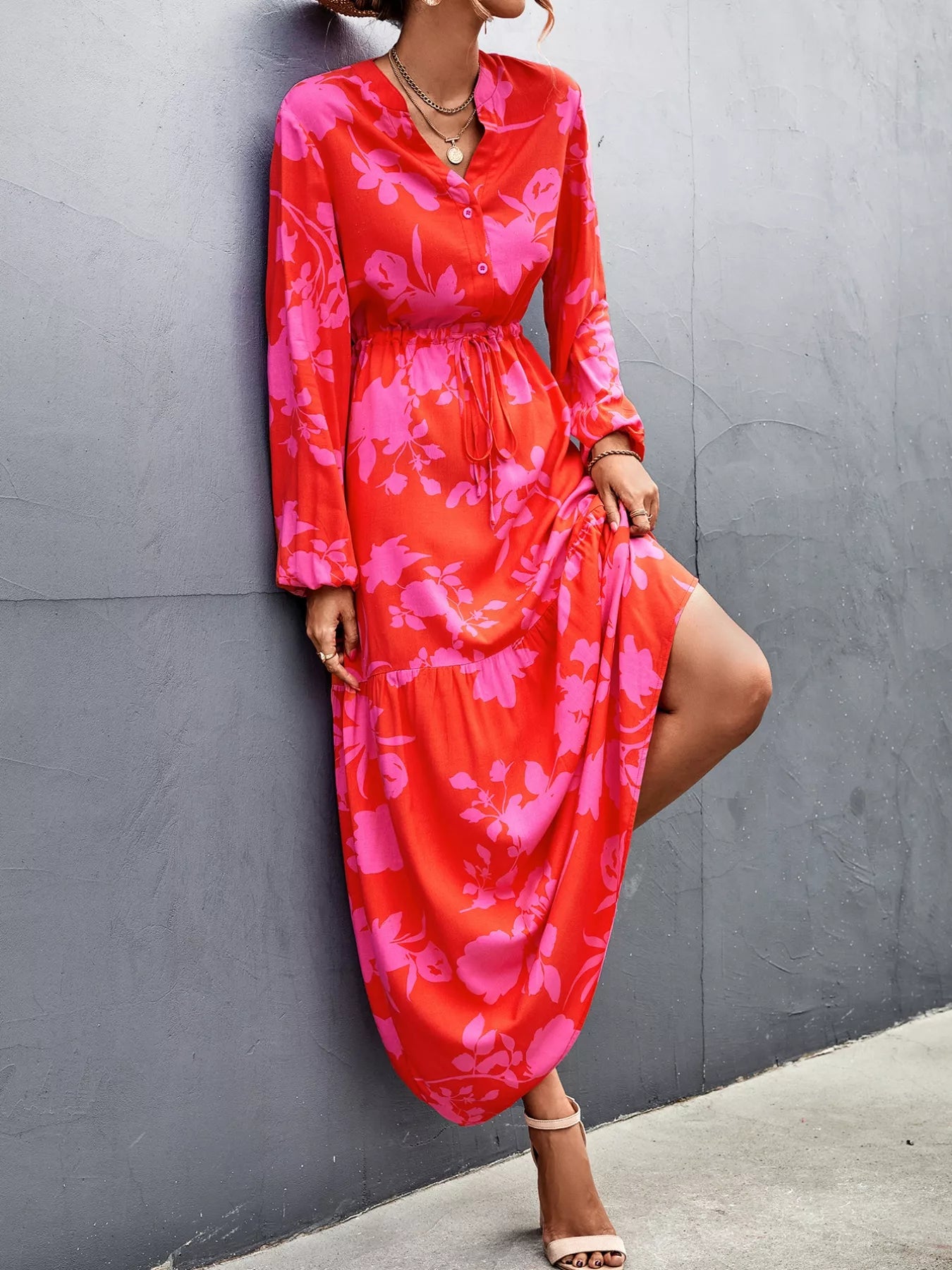 Floral Drawstring Waist Long Sleeve Maxi Dress Strawberry / M