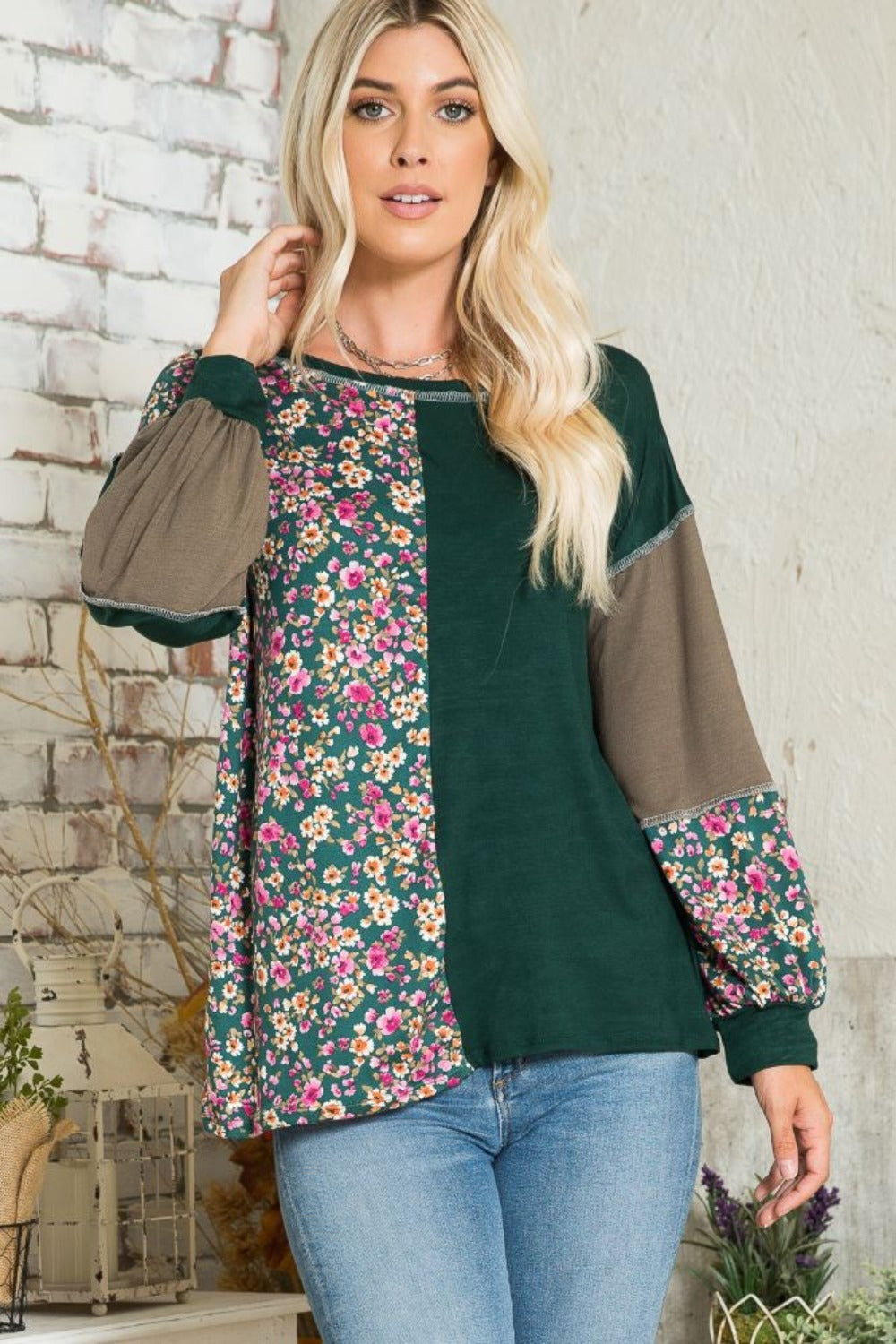 Celeste Full Size Floral Color Block Exposed Seam T-Shirt - Charming Charlie
