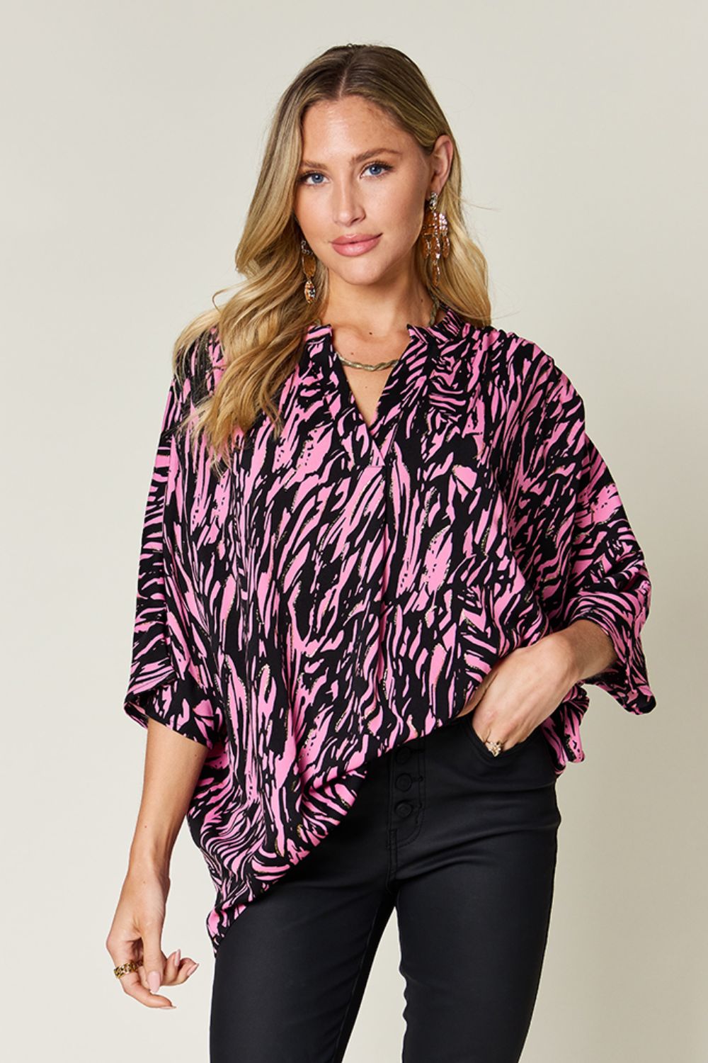 Double Take Full Size Printed Notched Three-Quarter Sleeve Blouse - Charming Charlie