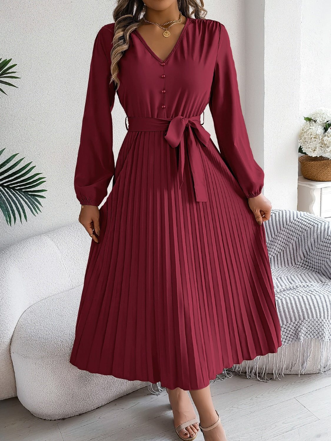 Pleated Tied V-Neck Long Sleeve Dress - Charming Charlie