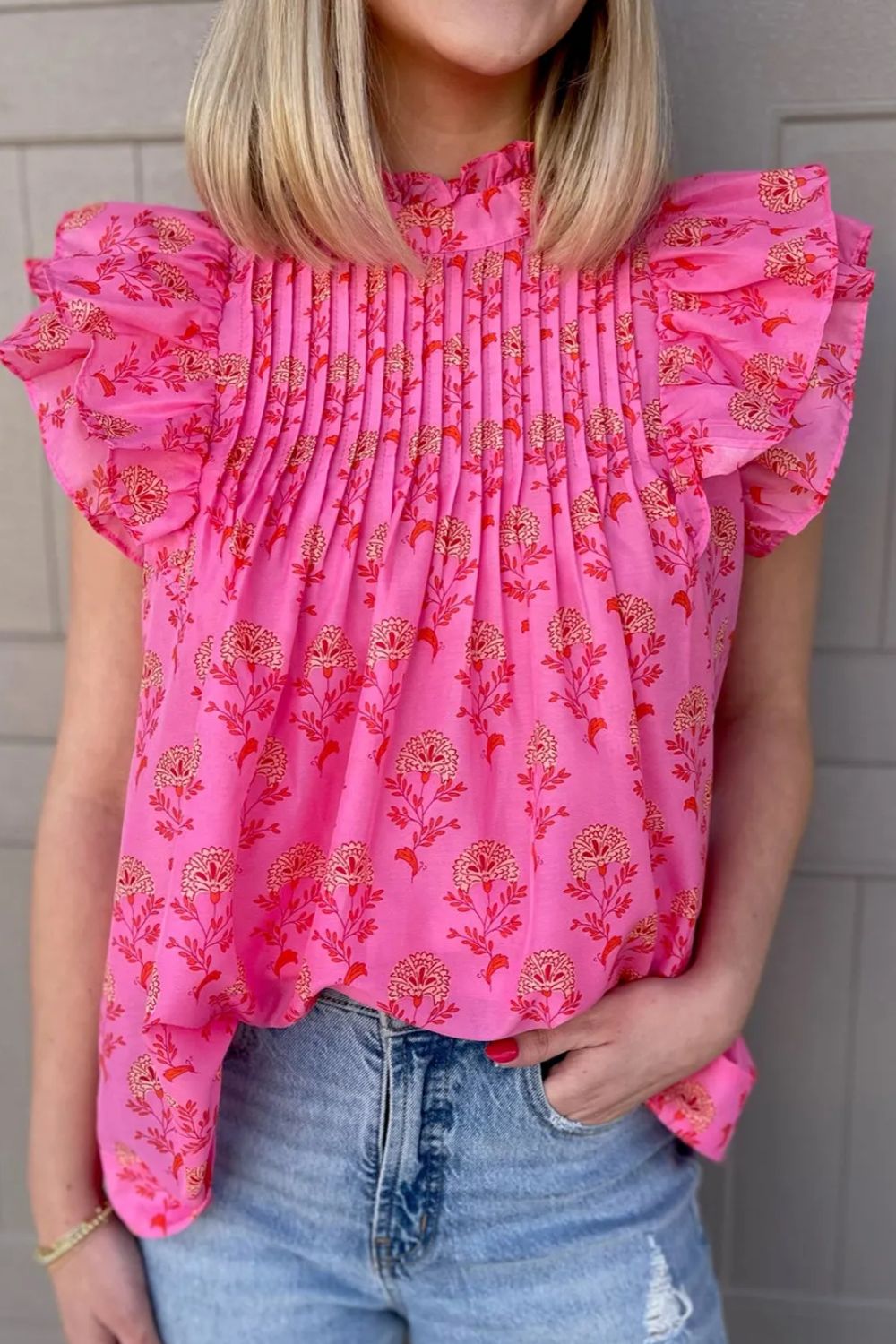 Ruffled Printed Mock Neck Cap Sleeve Blouse - Charming Charlie