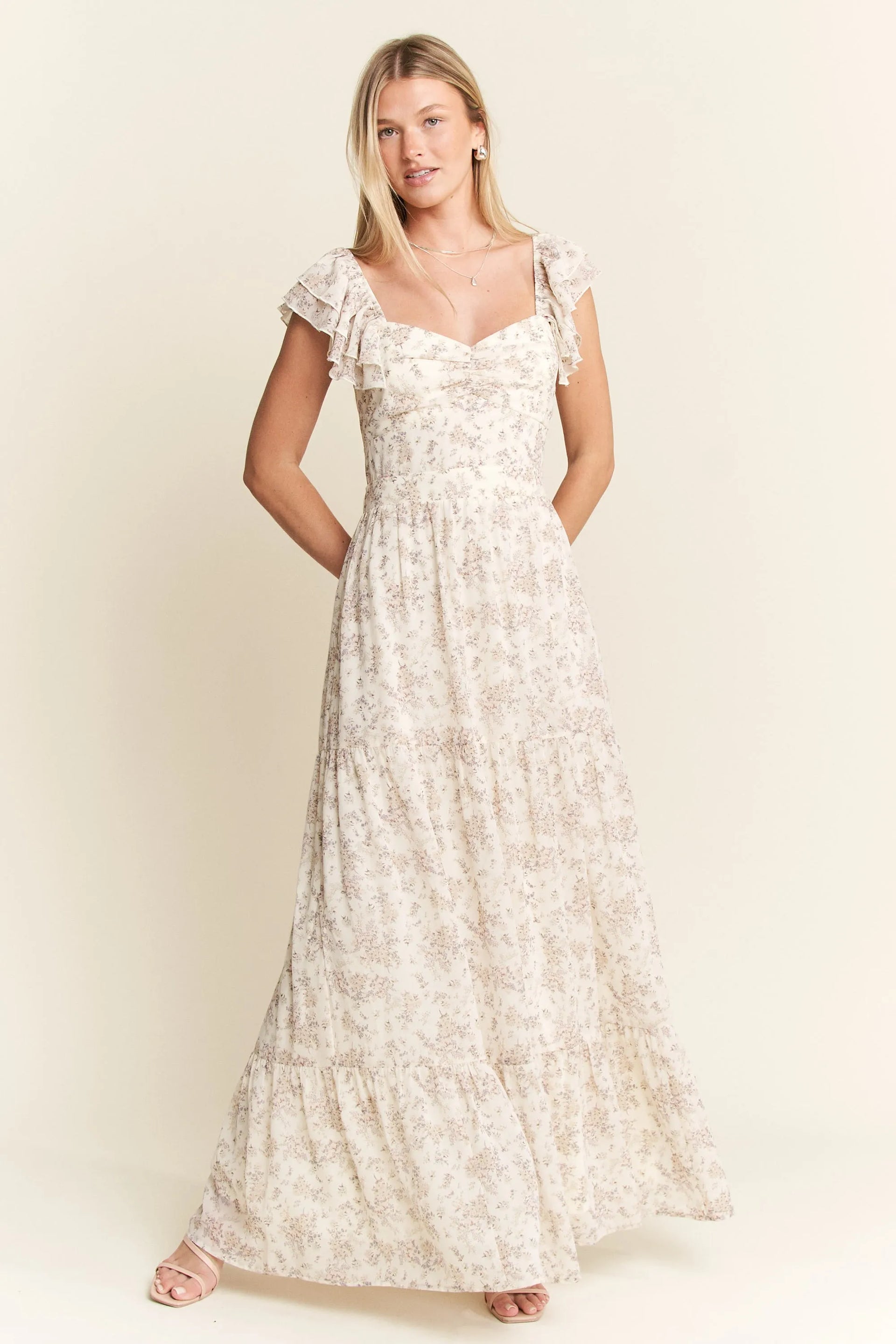 Jade By Jane Full Size Ruffle Sleeve Tiered Maxi Dress Plus Size - IVORY / S Jade By Jane Full Size Ruffle Sleeve Tiered Maxi Dress Plus Size - IVORY / S