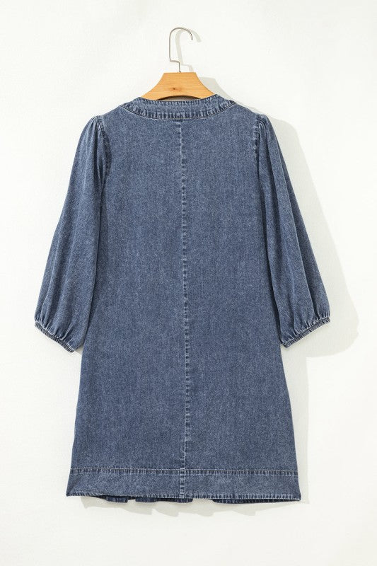 Denim 3/4 Sleeve Tied V-Neck Pleated Mini Dress  Charming Charlie