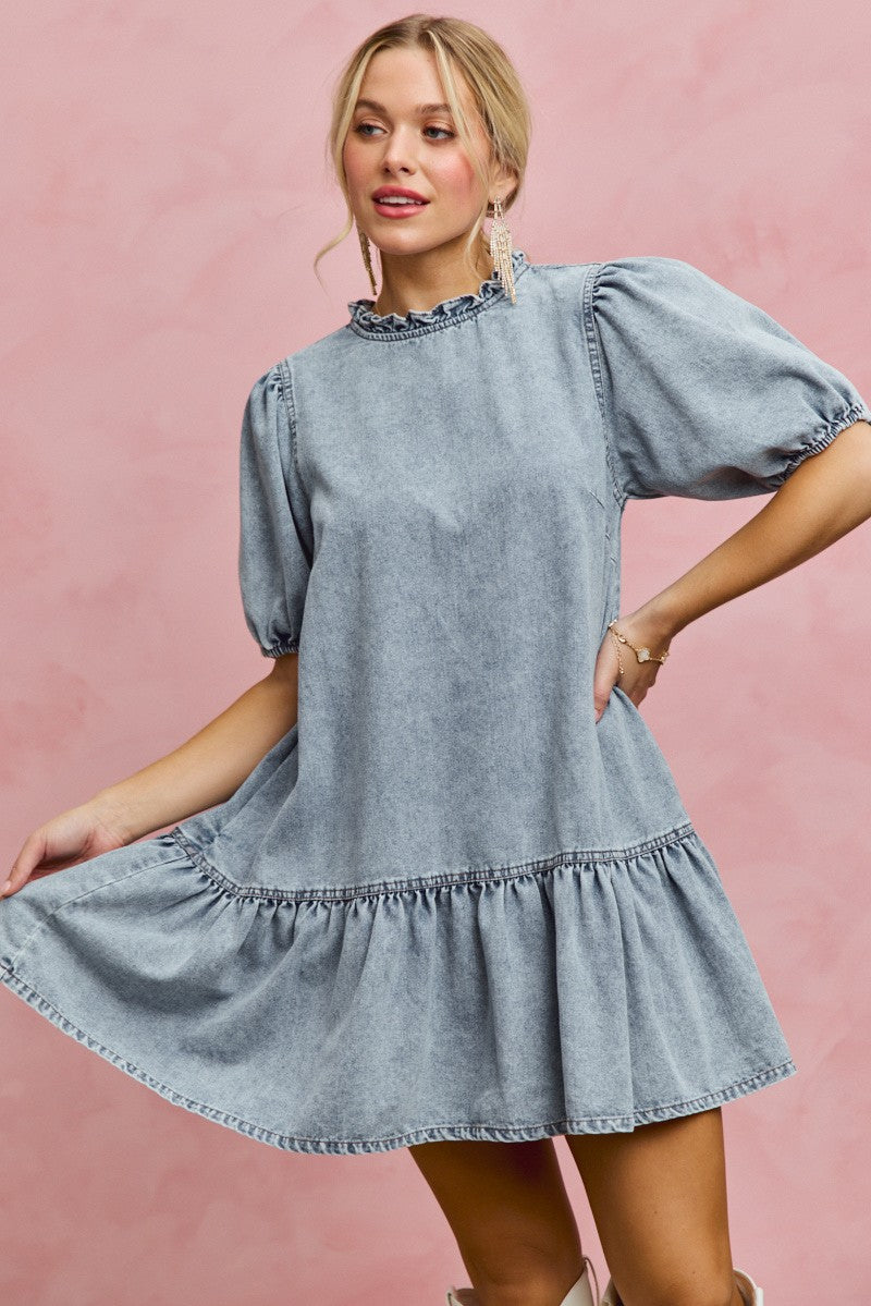 SO ME Denim Short Sleeves Mini Tiered Dress – Charming Charlie