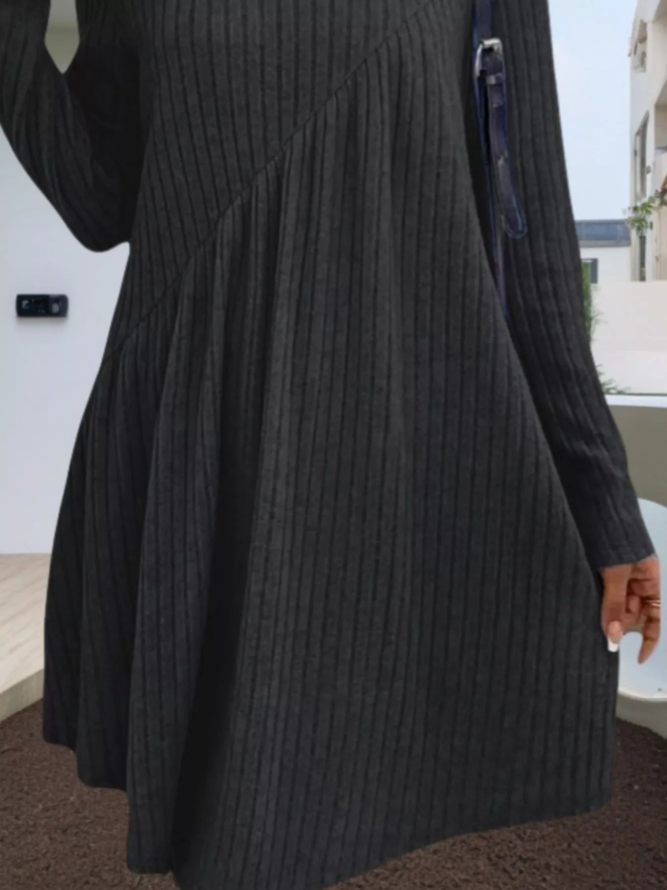 Casual Ribbed Knit Long Sleeve Swing Dress Burgundy / M Casual Ribbed Knit Long Sleeve Swing Dress Burgundy / M