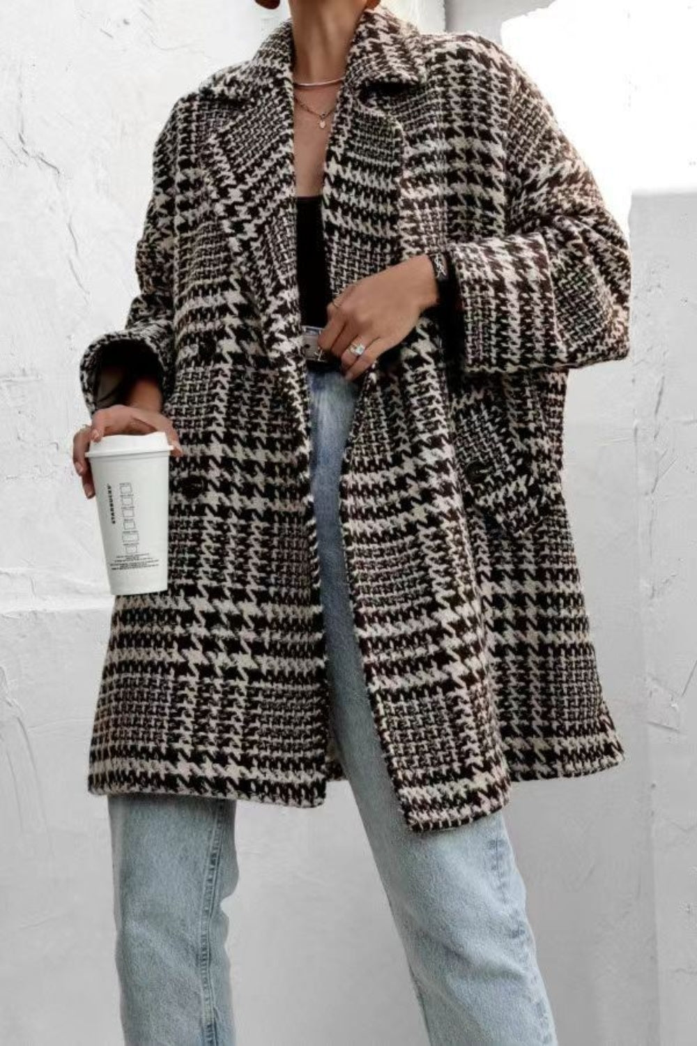 Houndstooth Collared Neck Long Sleeve Coat with Pockets – Charming