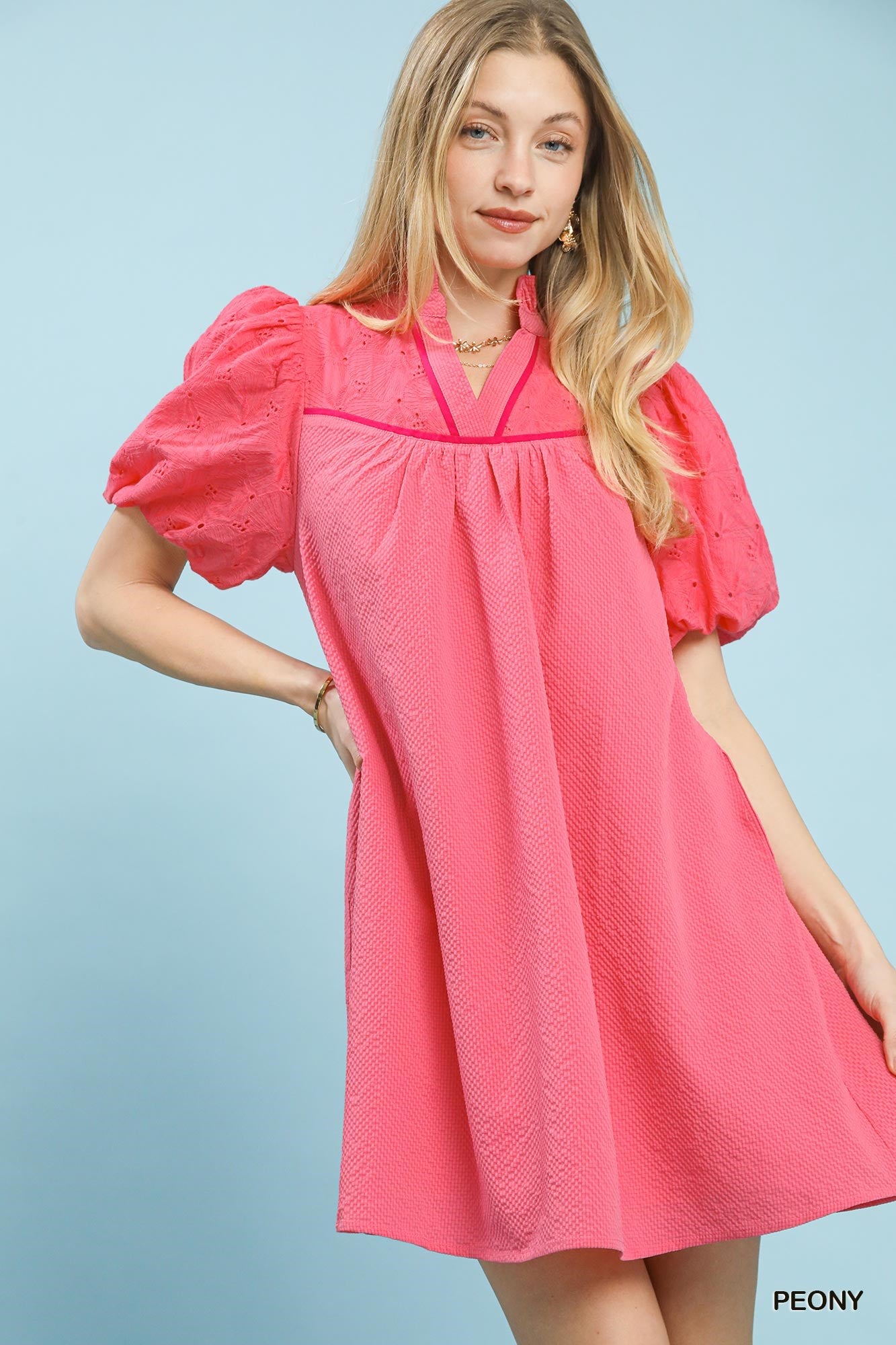 Umgee Puff Sleeve Textured Babydoll Dress PEONY / S