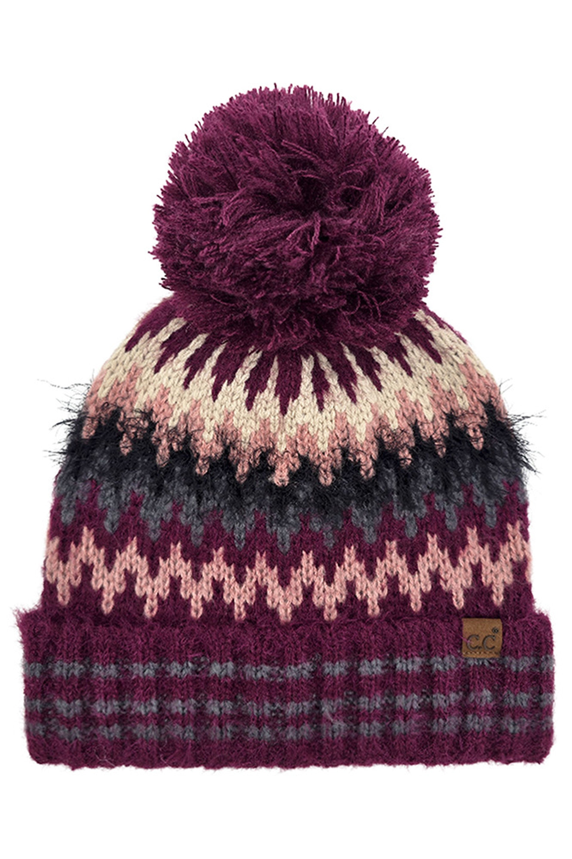 Magenta C.C Multi Color Chevron Pom Beanie
