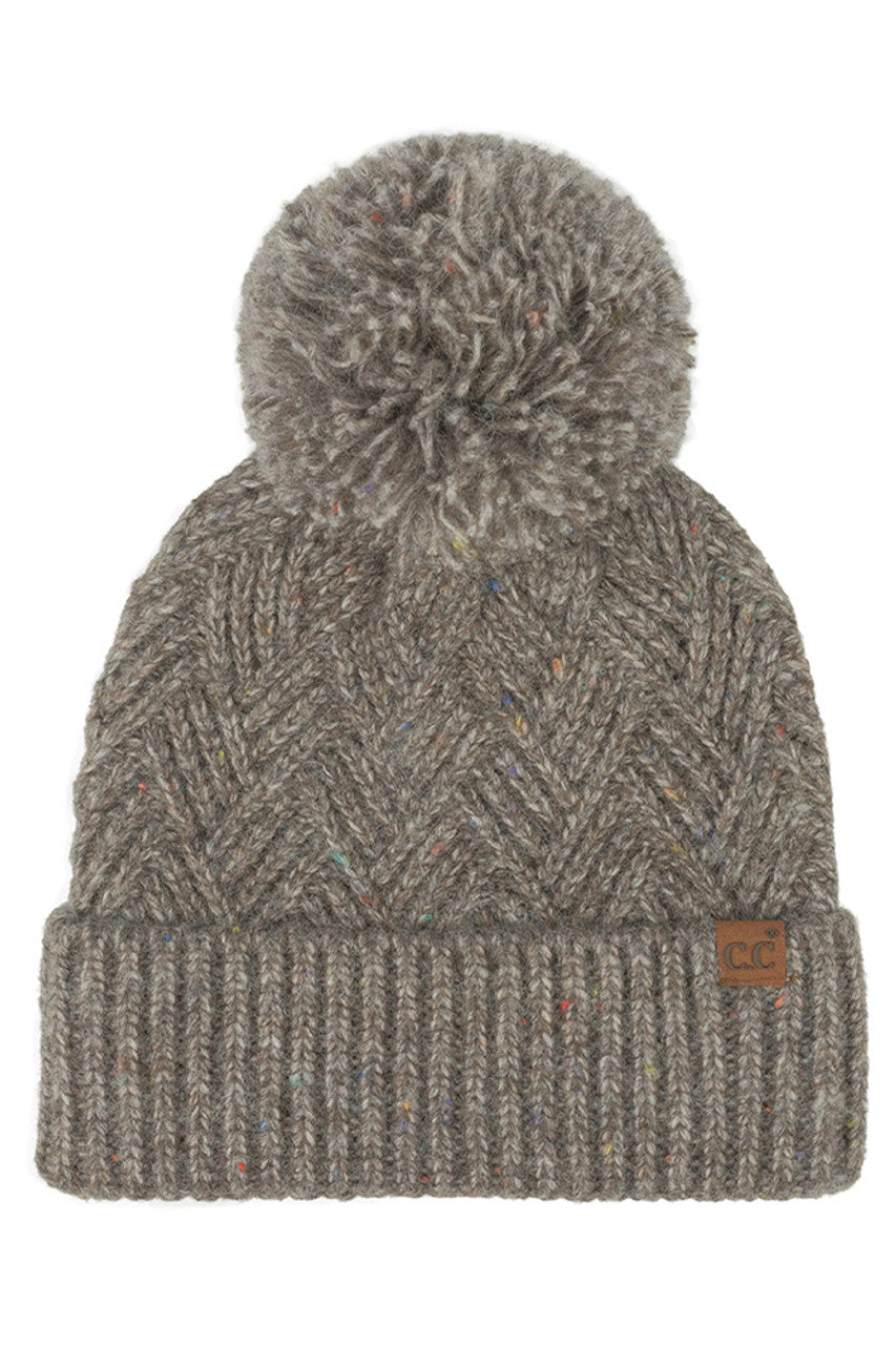 Brown C.C Criss-Cross Pattern Yarn Pom Beanie