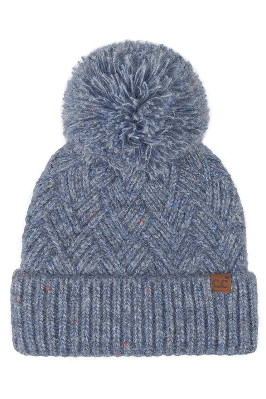 Denim C.C Criss-Cross Pattern Yarn Pom Beanie